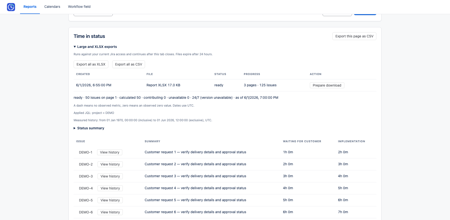 Background export center on controlled DEMO data, showing XLSX/CSV actions, job progress, ready state and 24-hour expiry.