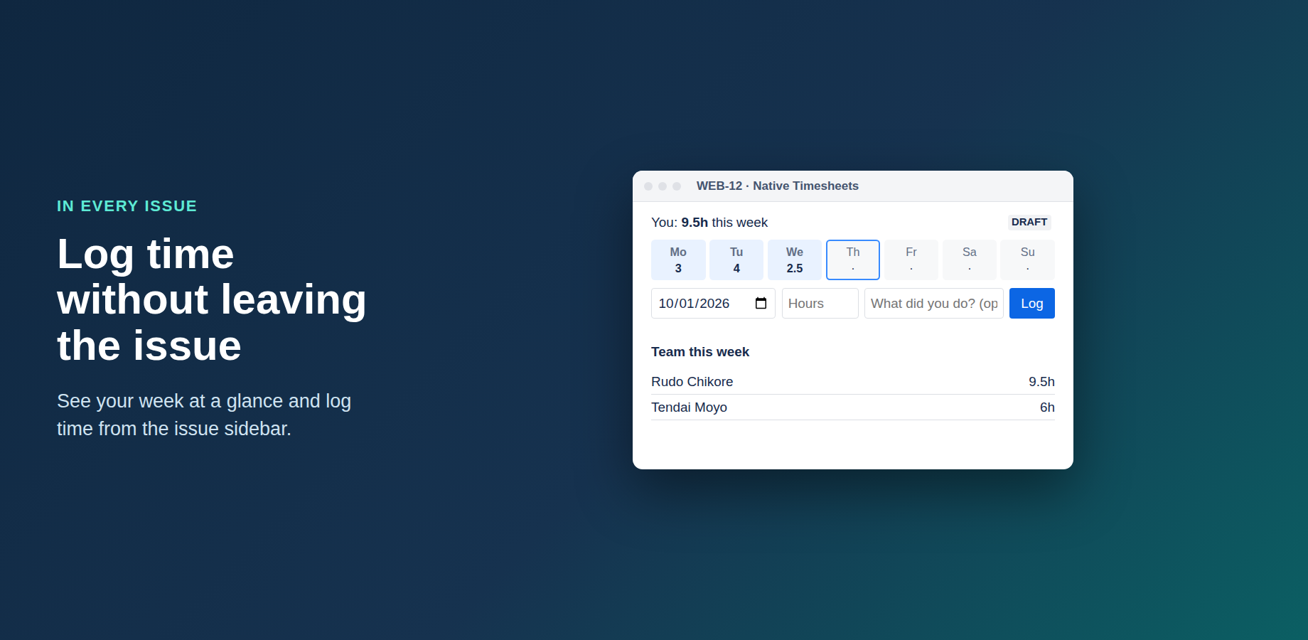 Your week's hours on the issue, with quick time logging