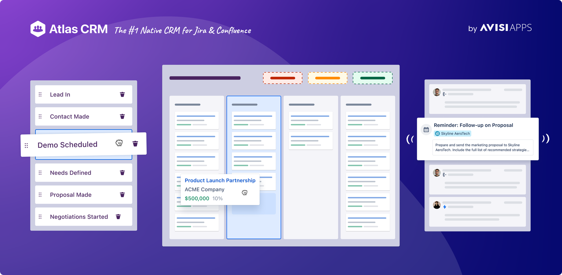 Your sales pipeline deserves the same care as your roadmap. Track every step, from first contact to closed deal, with reminders so nothing slips through. All inside the tool you already use.