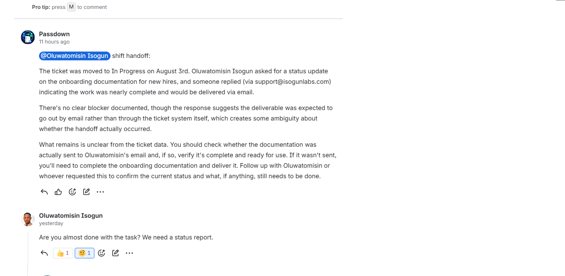 An automated shift-handoff brief posted as a real Jira comment, with the incoming on-call person mentioned directly.