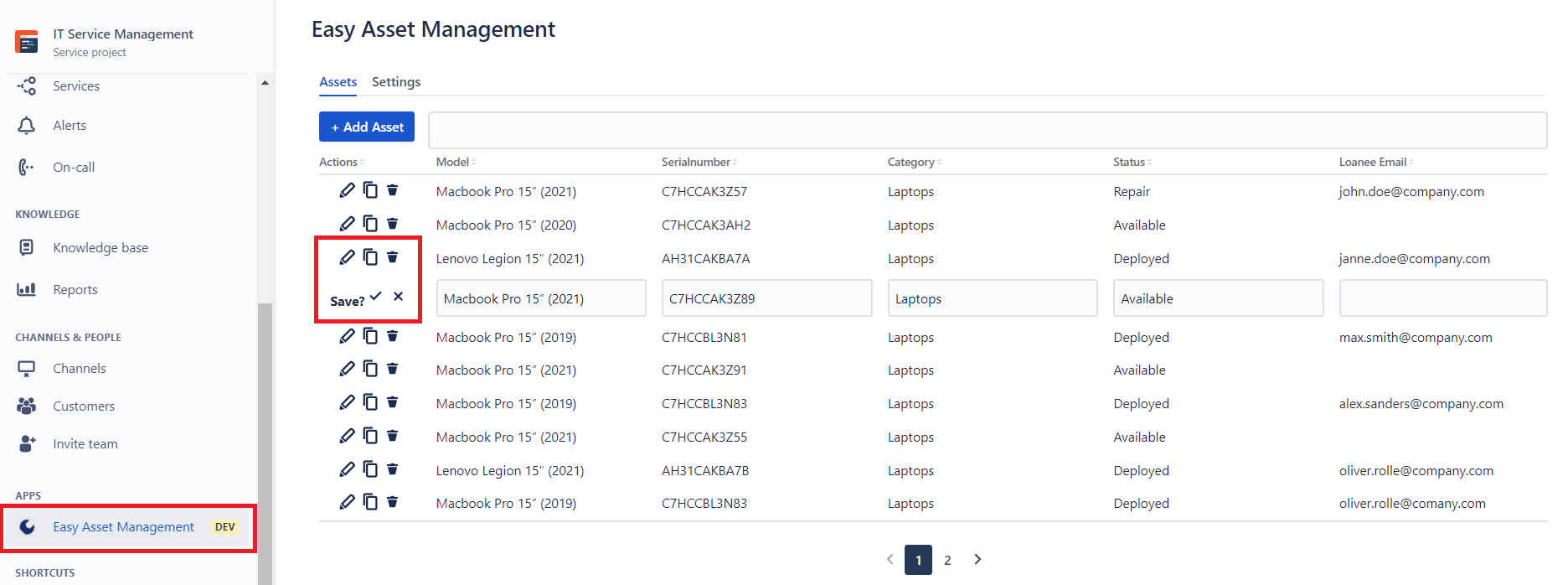 Sort, search and edit each of your assets in the table.
