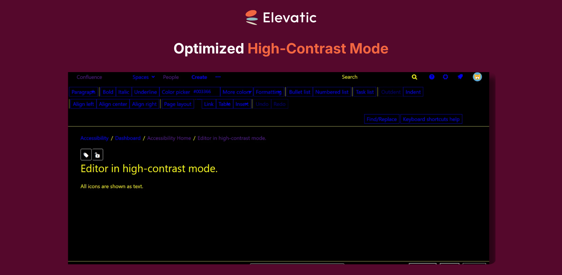 Icons are replaced with text in the high-contrast mode.
