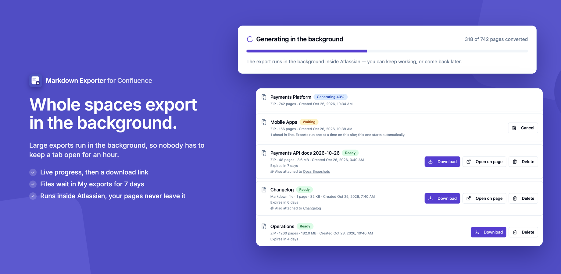 A background export in progress and the My exports list