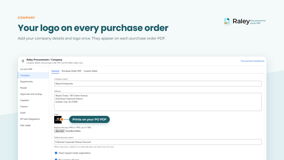 Company settings: name, address and logo that print on every purchase order PDF, a default discount label, and switches for sharing requests across the organisation and letting requestors add suppliers.
