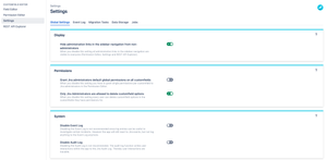 Settings | Change settings, investigate events, check data migration tasks, schedule jobs and see database statistics.
