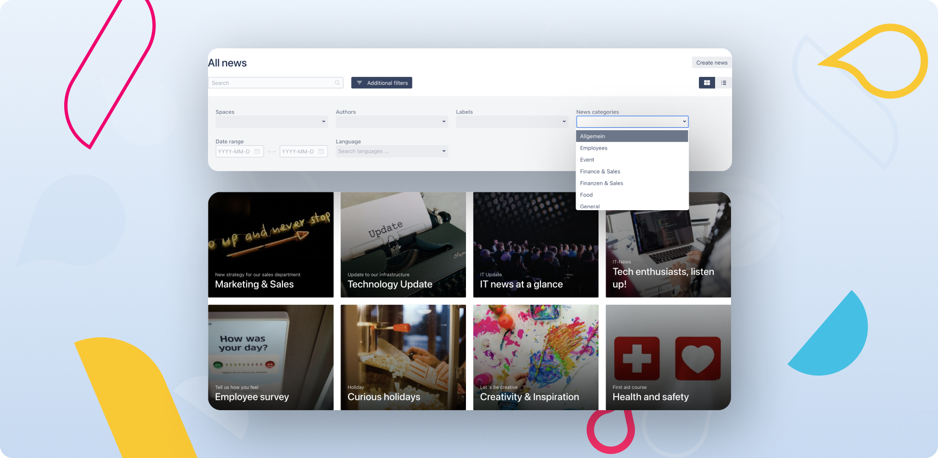 Browse, search and filter all news from all spaces.