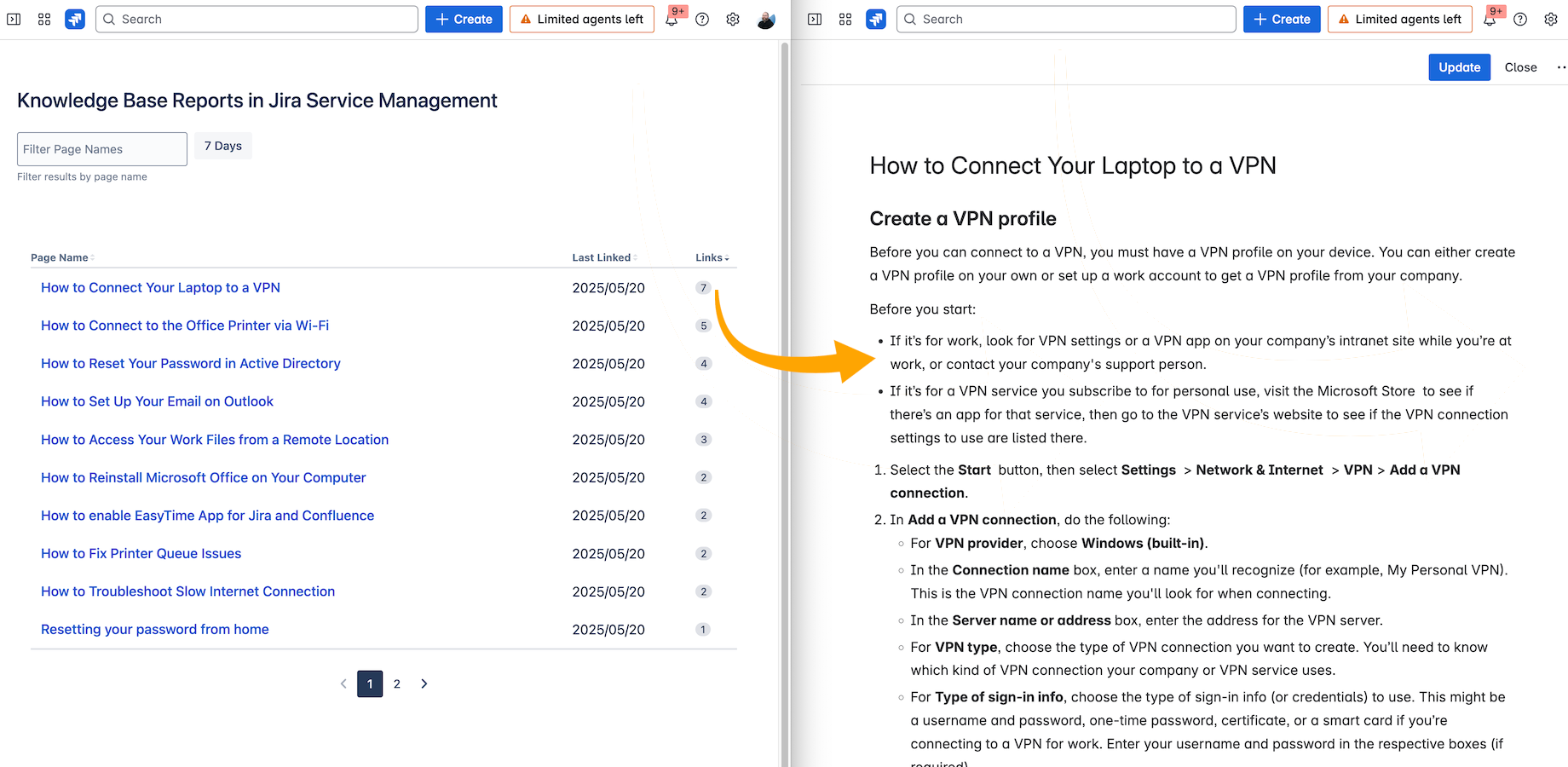 Jump directly from the report to the article to quickly edit and improve the most valuable knowledge base articles