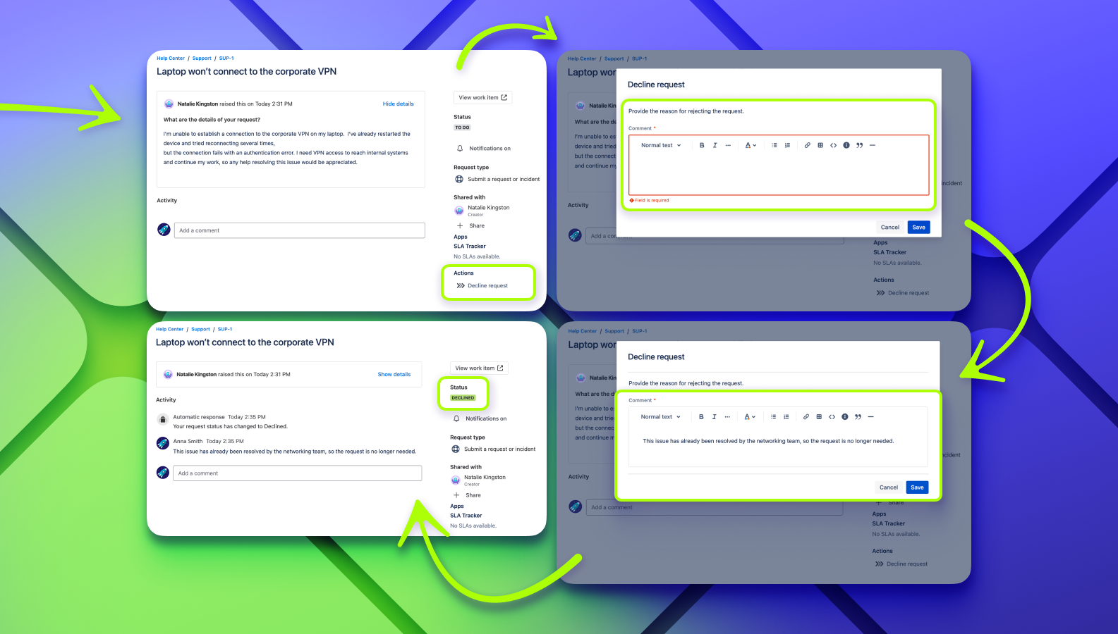 Enforce filling out specific details when the request changes status (e.g., a comment when the request is declined)
