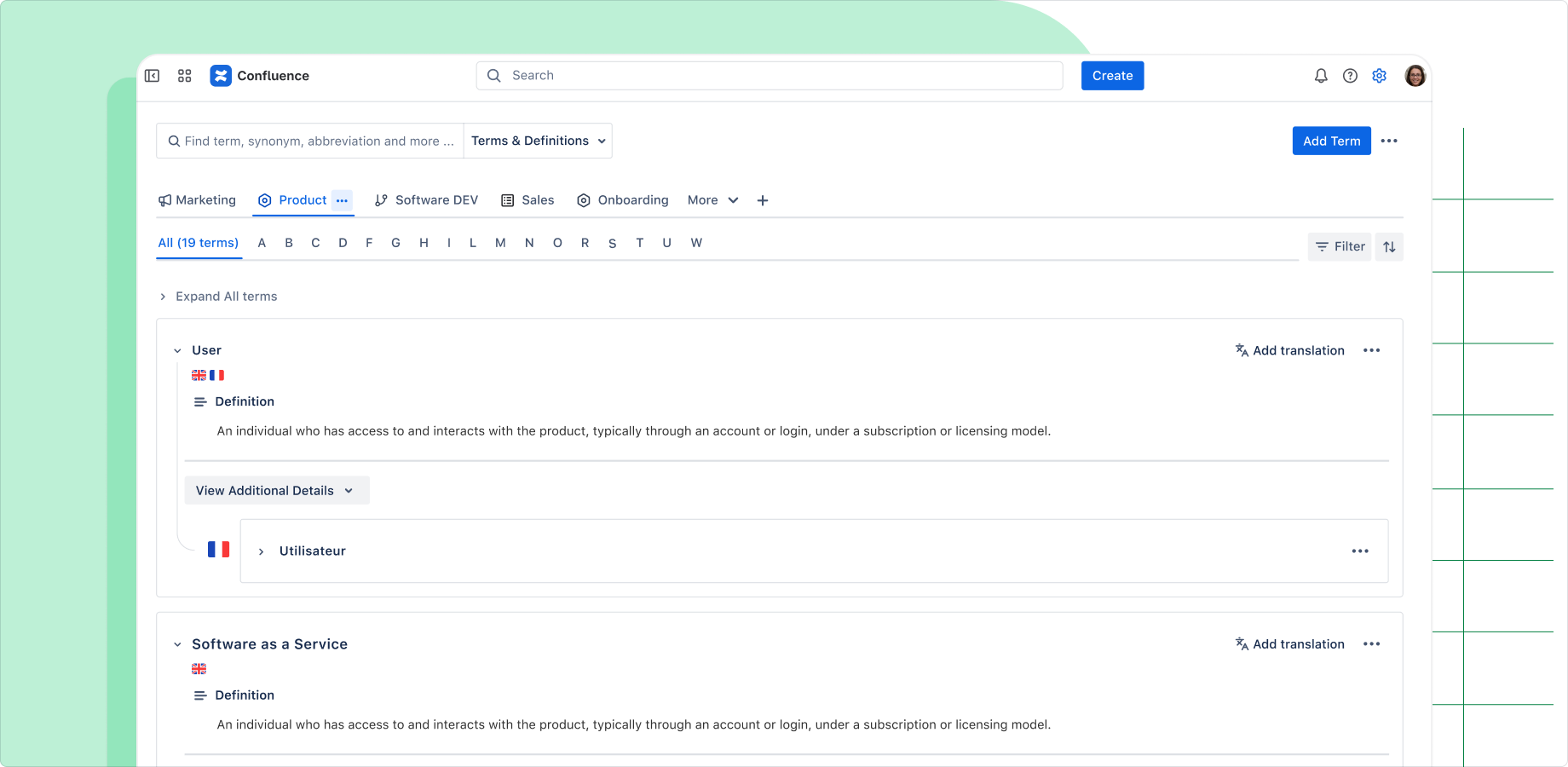 Create and manage terms within a unified glossary view.