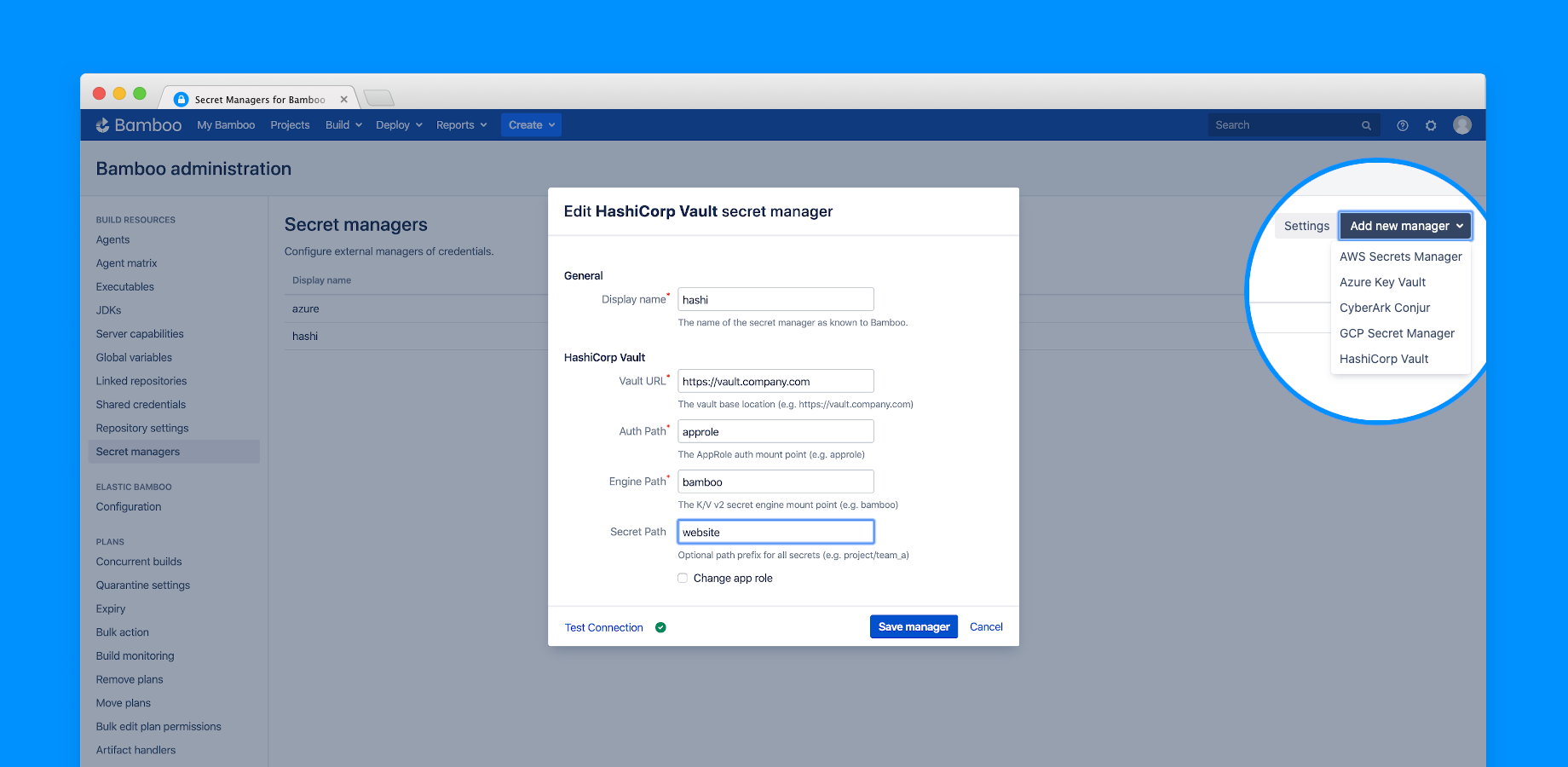 Add, edit or delete secret managers from the build resources administration page.