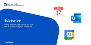 Calendar for Jira settings showing .ics subscription setup with external events visible in the calendar