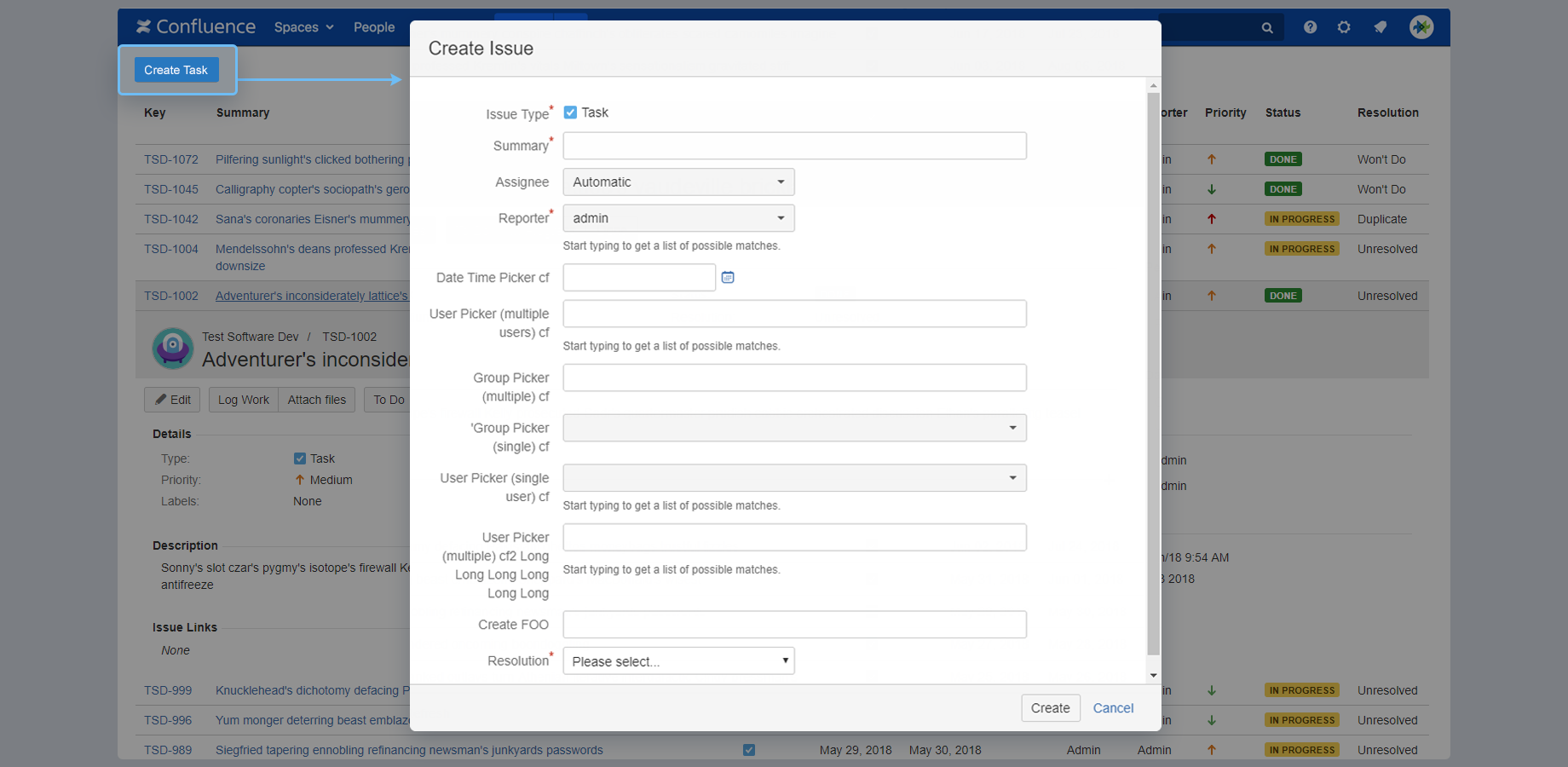 Create a Jira issue right on a Confluence page.