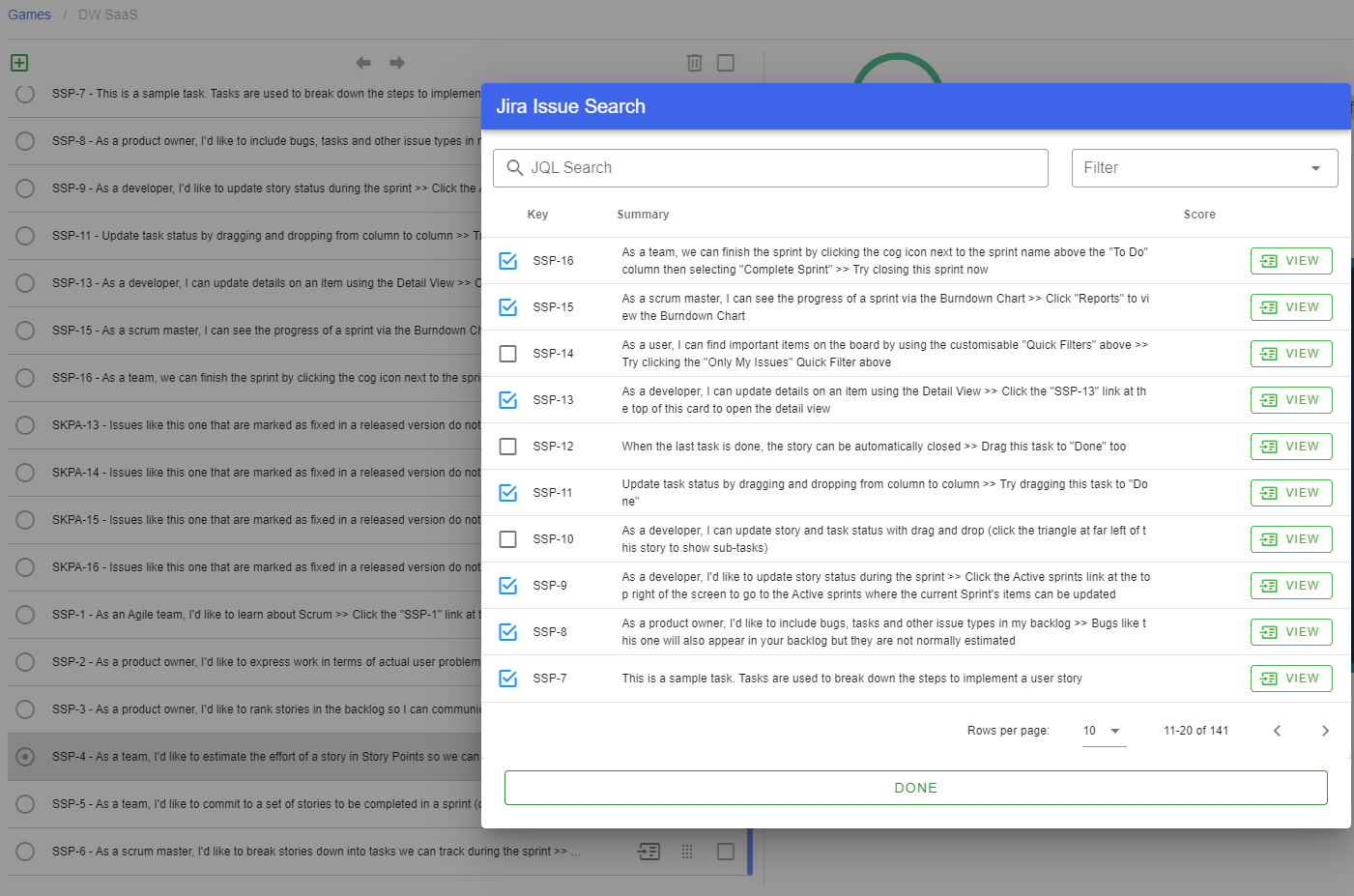 Select Stories From Jira