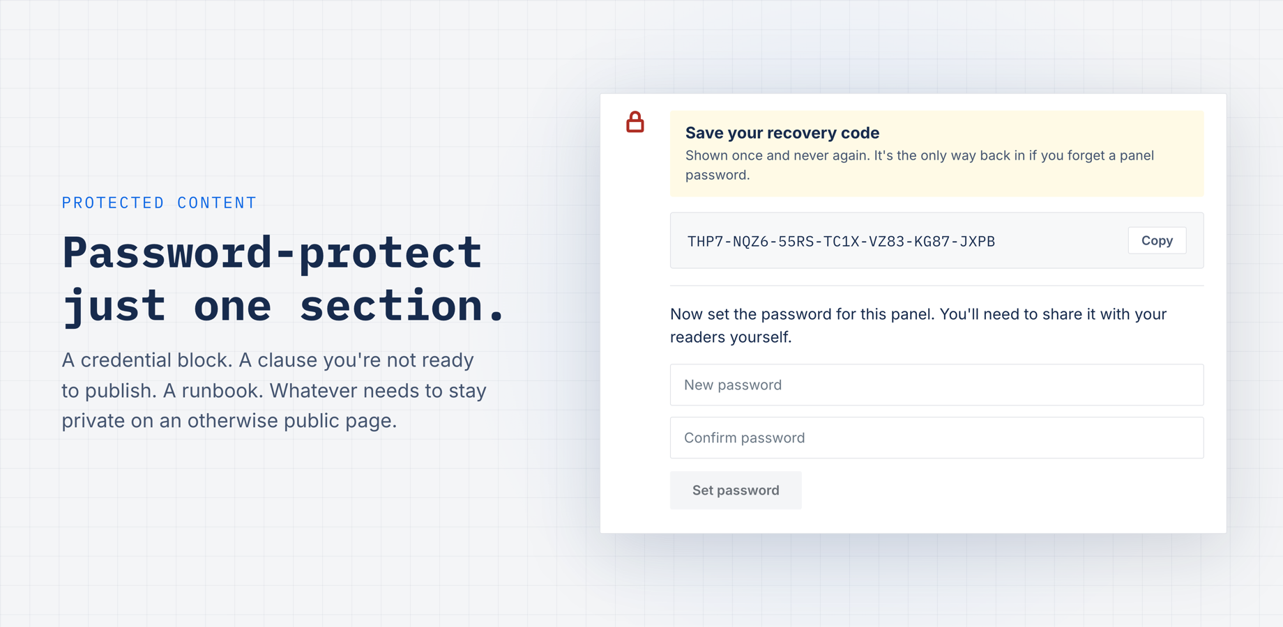 The set-password screen shown the first time a panel is added, with the one-time recovery code above the password fields.