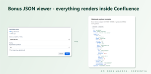 JSON Viewer: any JSON or YAML from a page attachment or pasted inline, shown as a collapsible tree with type colors, size badges, initial depth and key sorting.