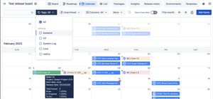 Outline releases on calendar view according to release dates. Turn on/off intermediate milestones and datetime custom properties. Rich set of filters. Export your release calendar into .ics or get it via permanent link.