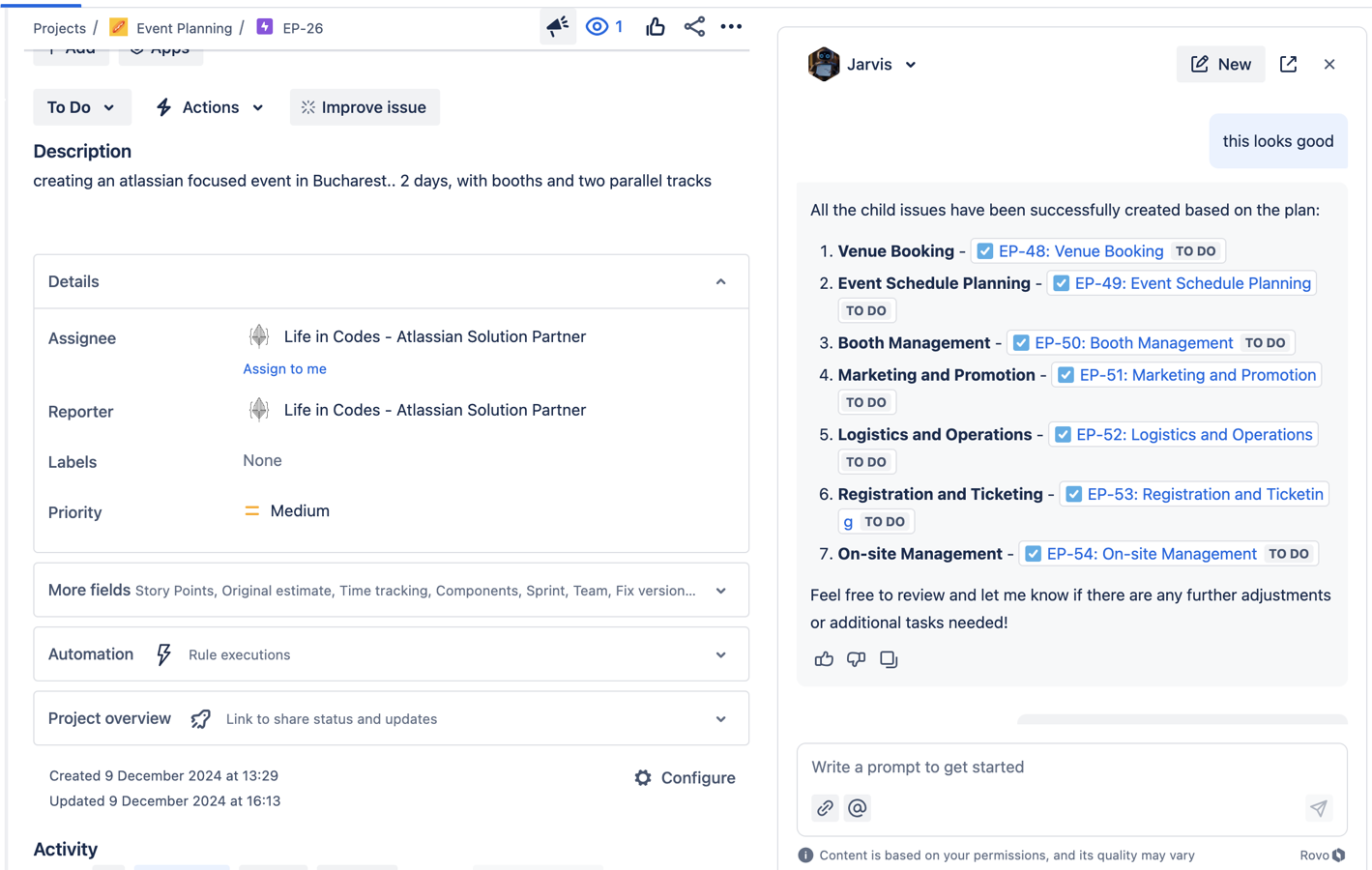 After confirmation, each item of the plan is created as a child issue of the parent