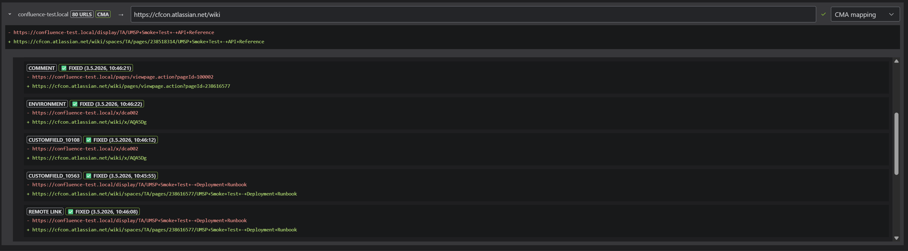 Fix results table showing per-issue URL changes with source and timestamp.