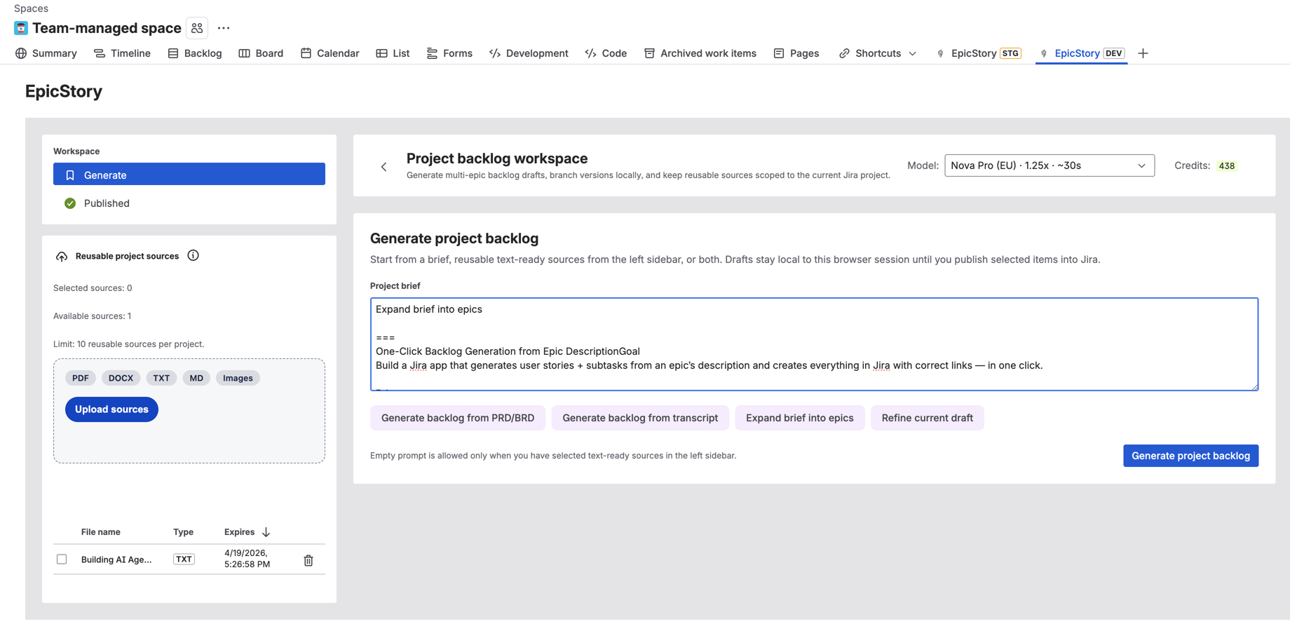 Project backlog workspace with reusable sources and multi-epic drafts