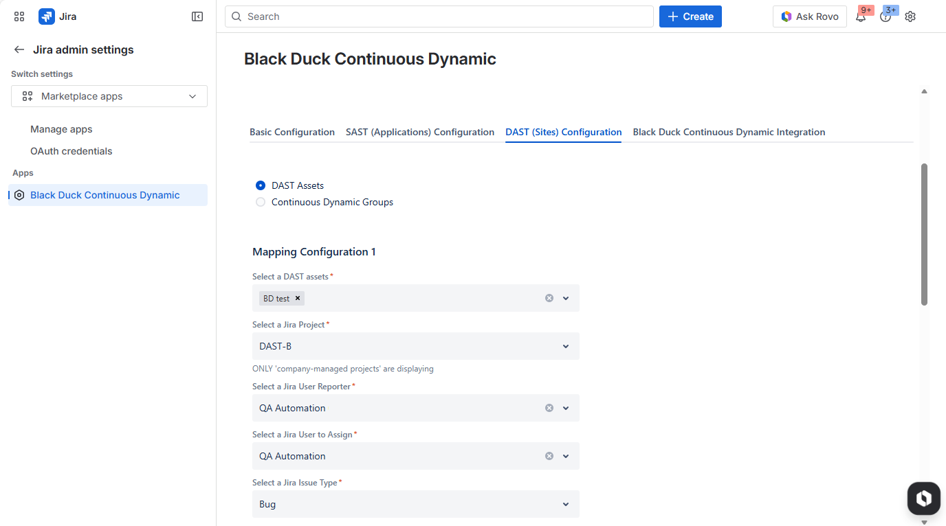 This shows a snap shot of the customizations available in this administration area which focuses on the vulnerability metadata from Continuous Dynamic as they relate to the Jira® environment.