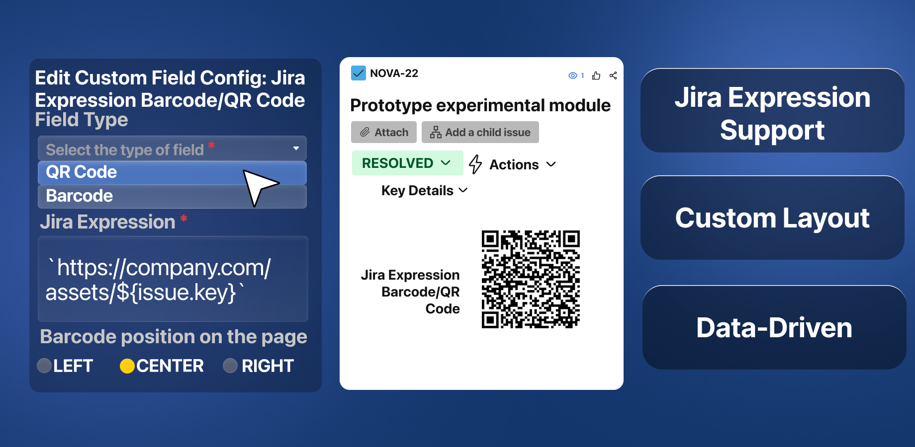 Jira Expression field configured with a dynamic asset URL, rendered as a QR code on the issue.