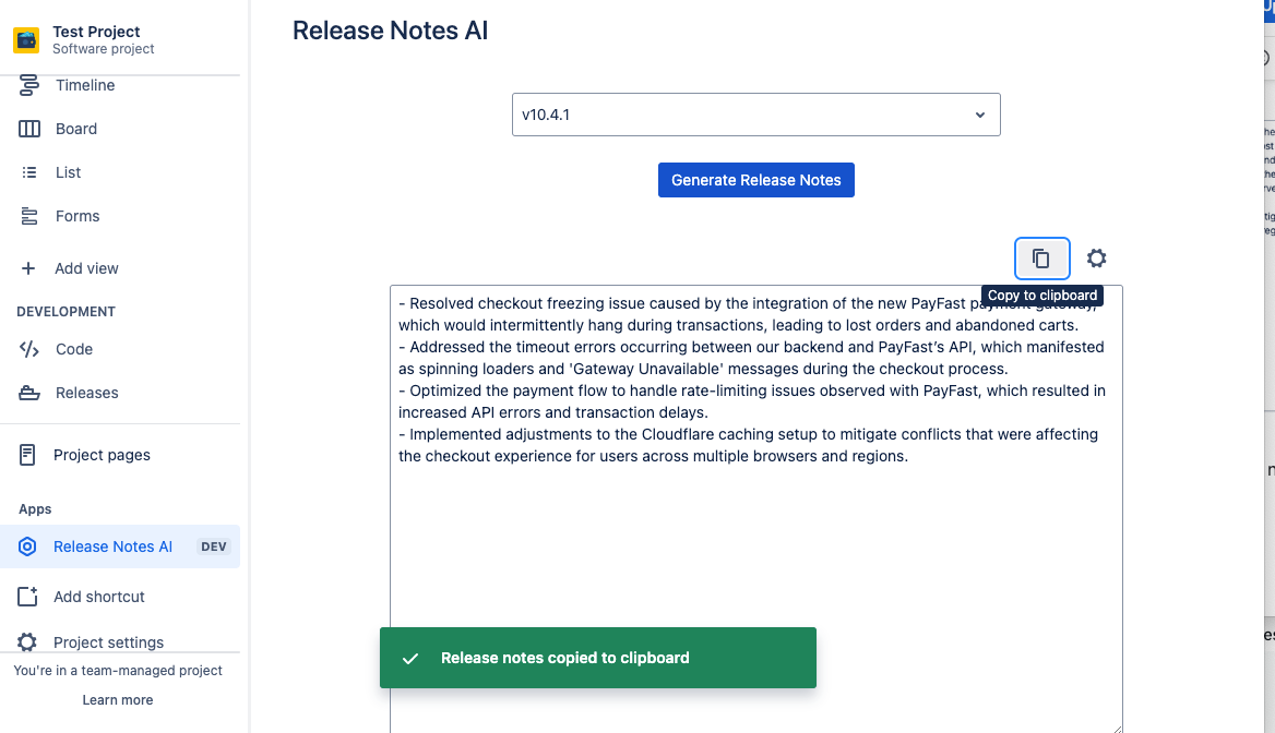 Copy and share your release notes