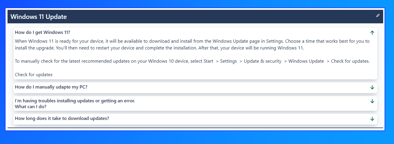 In this example the title is "Windows 11 Update".4 items (Questions and answers) had been edited.The first item is folded out.
