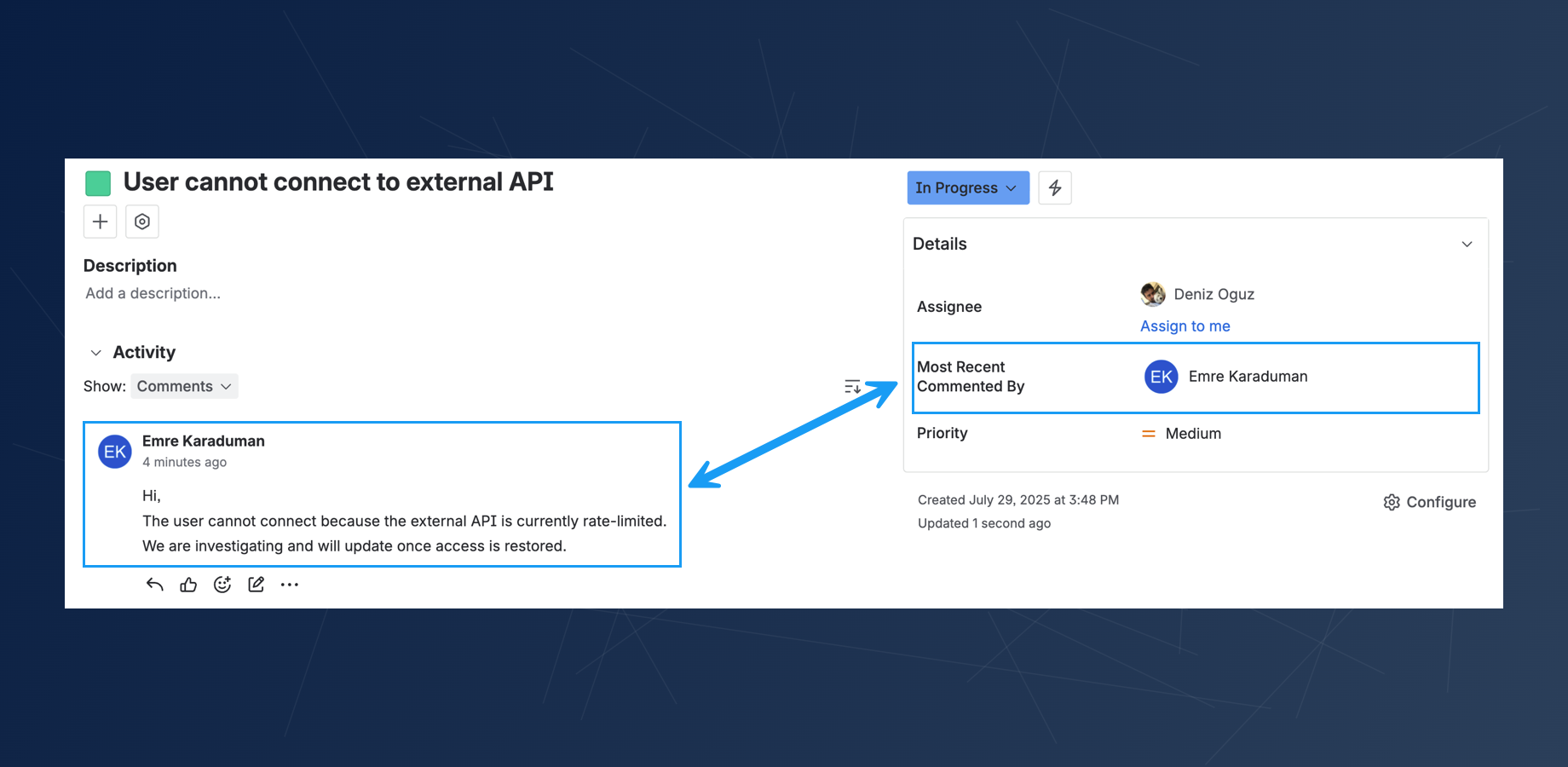 The calculated field on an issue view screen, displaying the user who left the most recent comment, along with their avatar, derived from a Jira Expression.