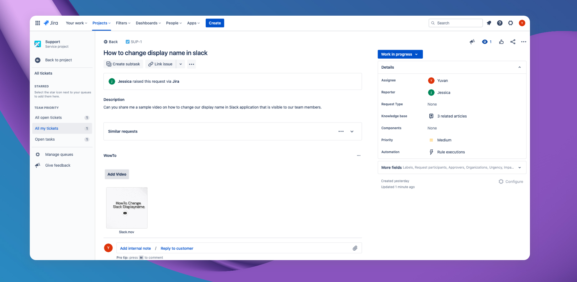 Add support video button inside Jira ticket