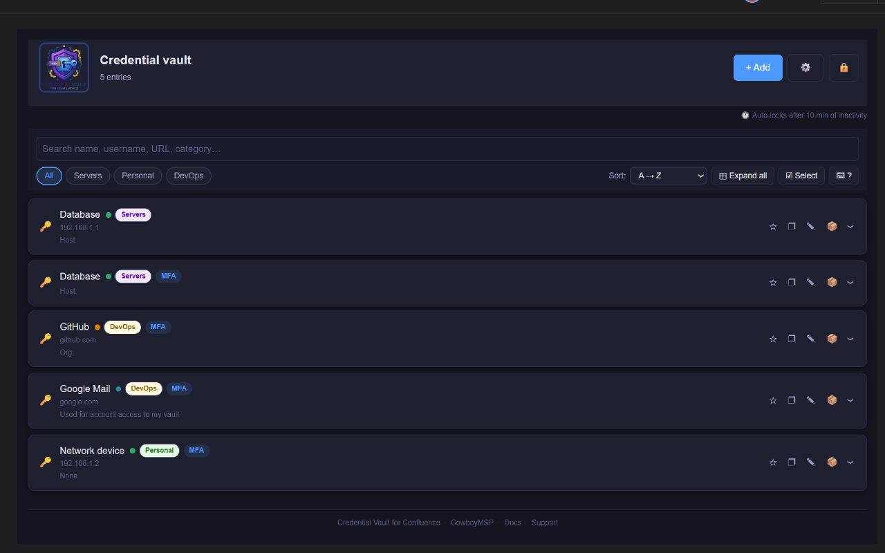 The unlocked vault view. Pinned entries float to the top, categories stay color-coded, and copy buttons reveal only when an entry is expanded — so credentials never sit on screen by accident.