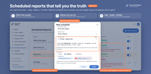 Any report by email — daily, weekly or monthly, at your time and zone, XLSX attached. Start the schedule from a preset, and if an address bounces or marks the mail as spam, the list tells you who did not get it.