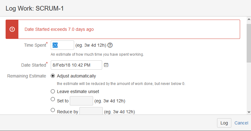Check the input of worklog for Date Start