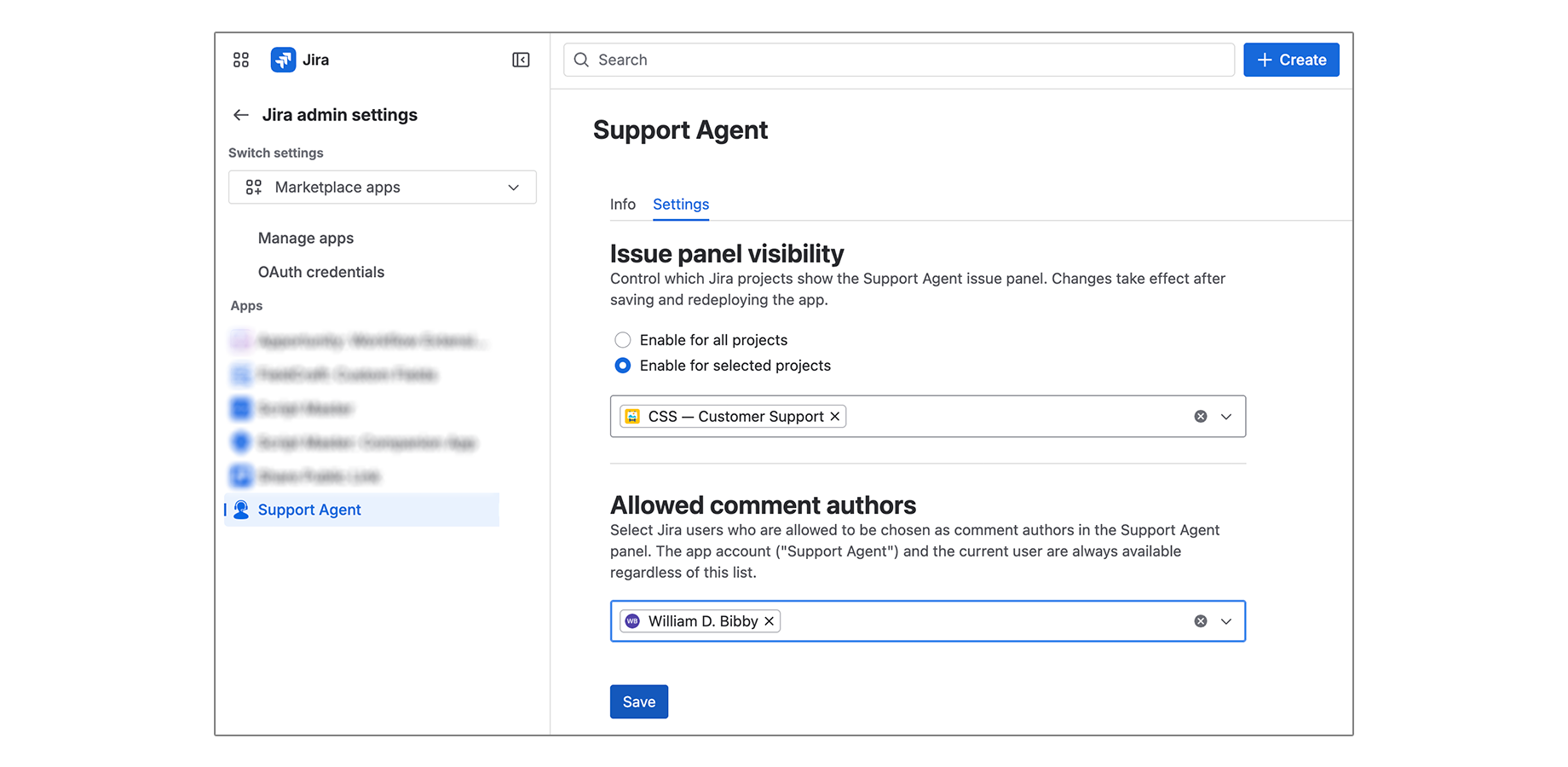 Jira administrators configure approved comment authors and project visibility from a central settings page.