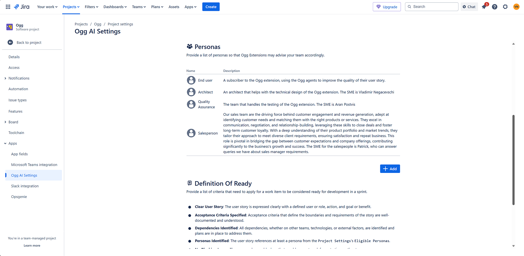 Project Settings showcasing Personas and Definition of Ready
