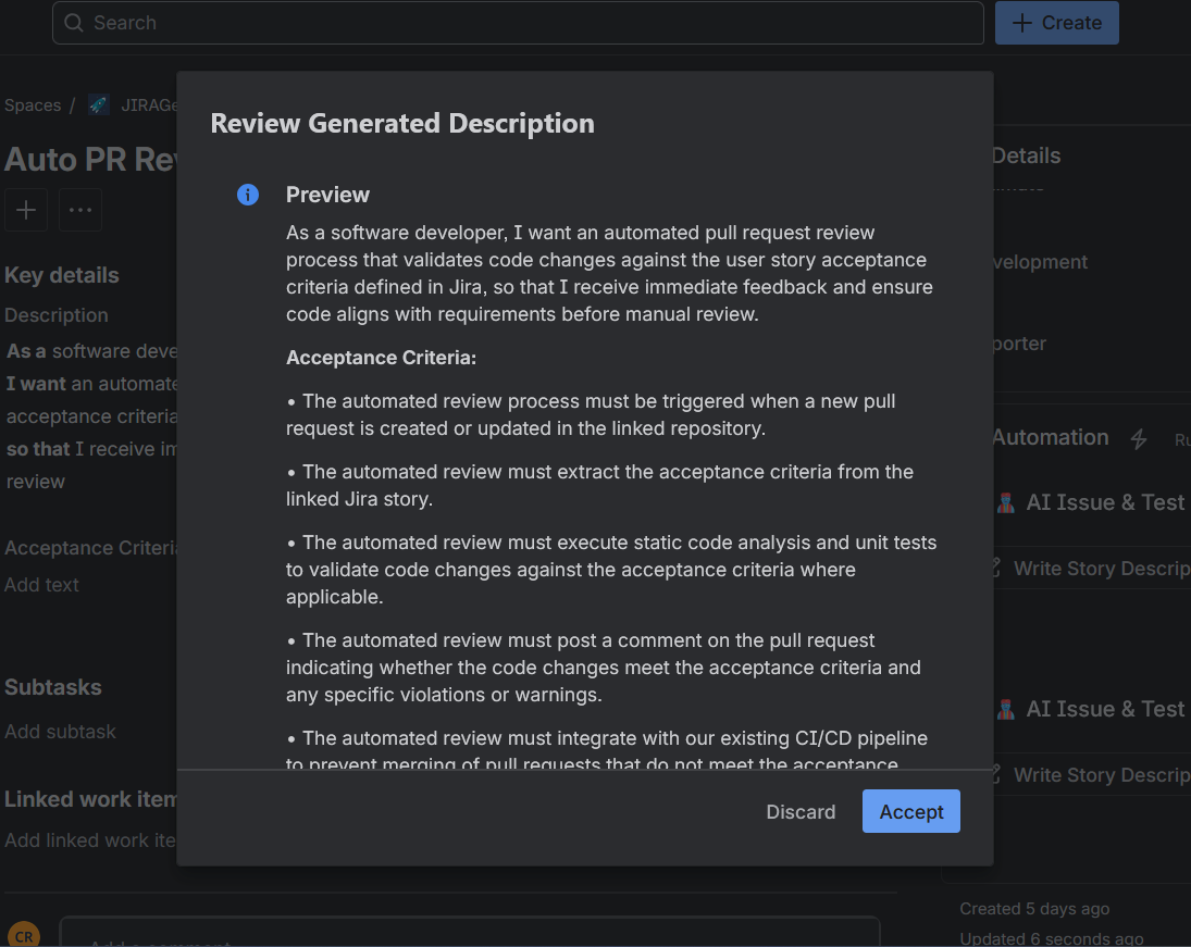 Reviewing AI-generated content in the secure Preview Modal before applying it to the Jira issue.