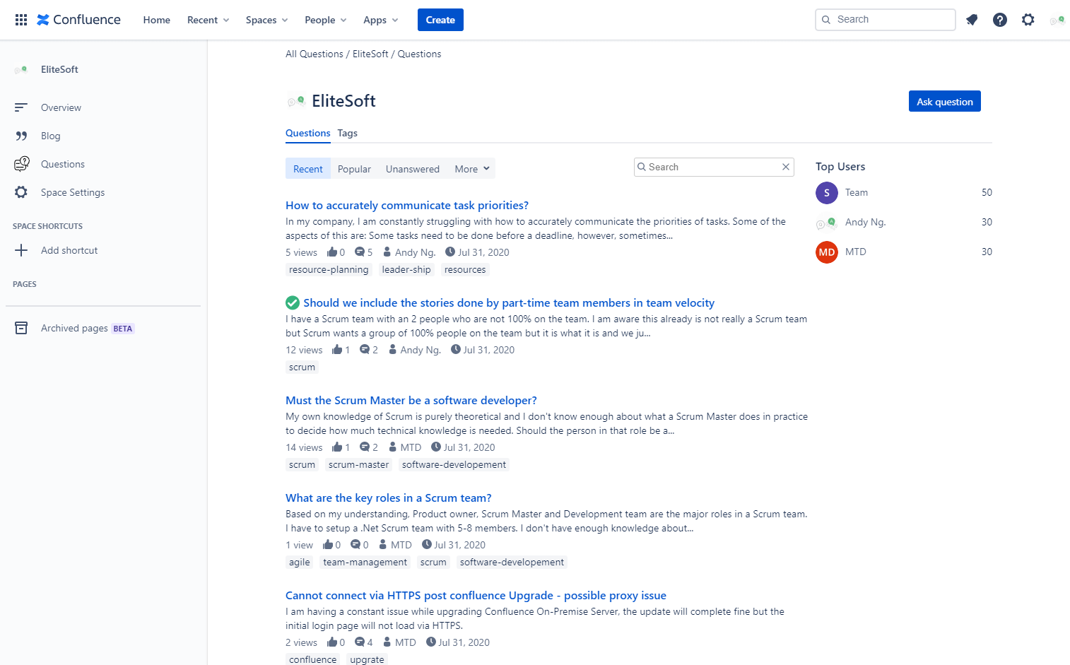 Search, filter and sort the questions