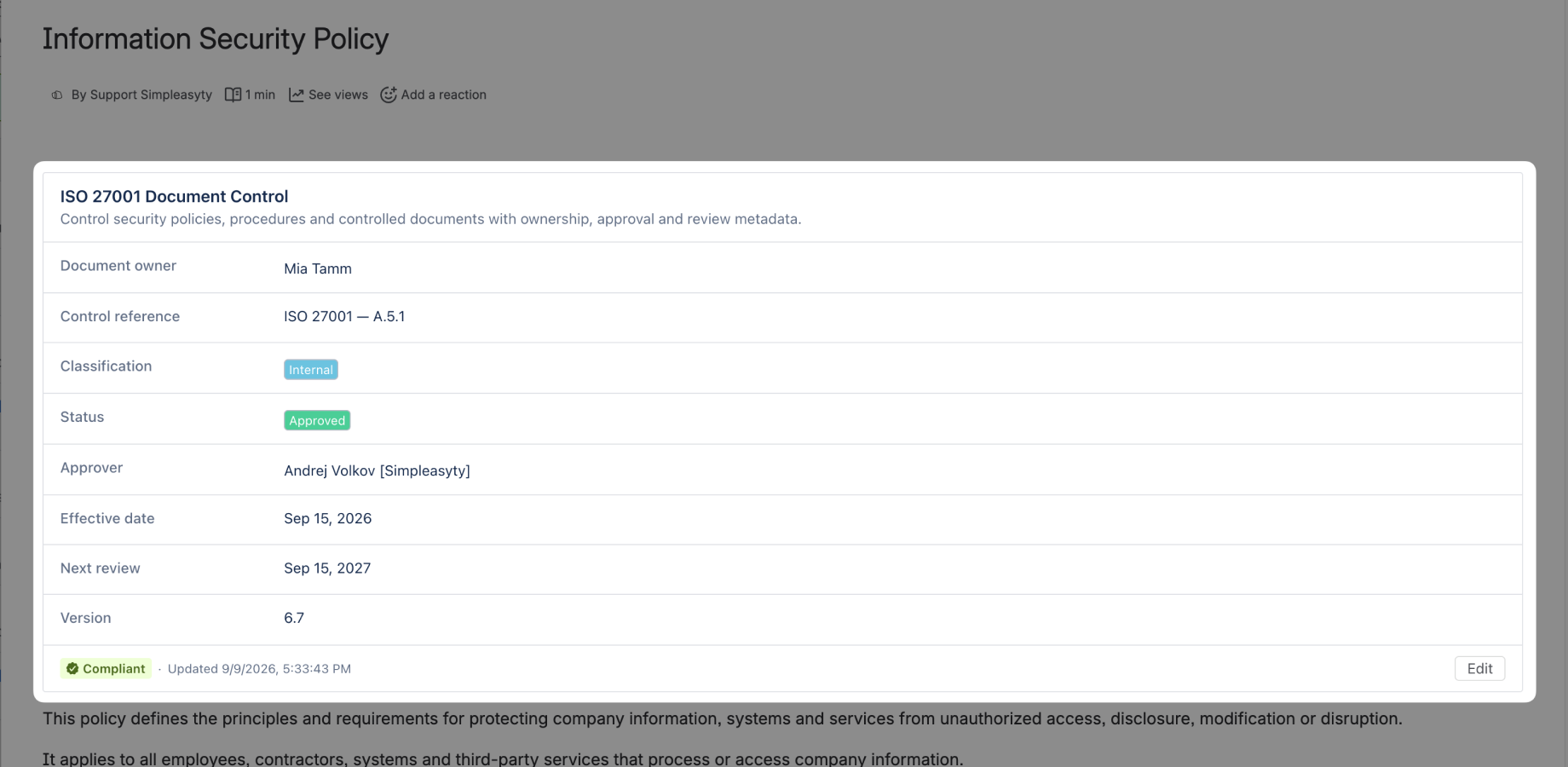Structured ISO 27001 document metadata applied directly to a Confluence page, with ownership, classification, approval status and review information.