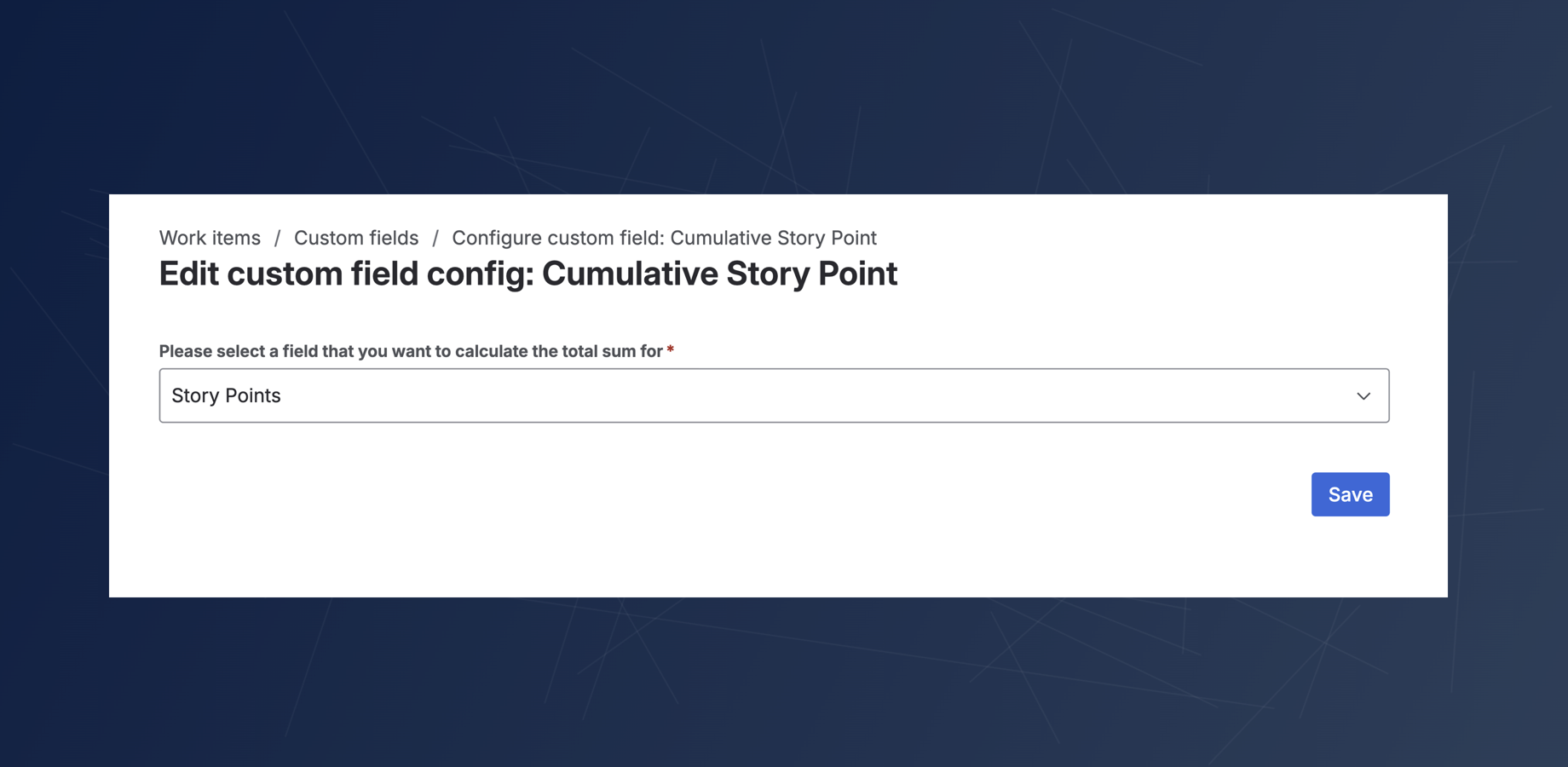 Start by selecting the source numeric field you want to sum. This single setting enables the field to calculate total value from all child issues on the parent.