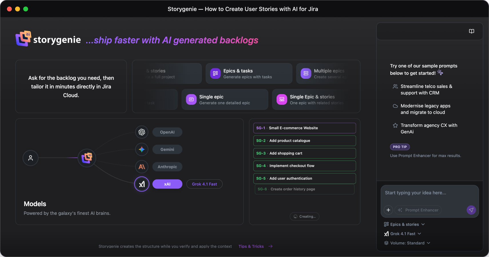 Creation of multiple Epics and User Stories from a single user prompt for super-fast scope definition. Continue to edit the output before publishing directly to your Jira project.