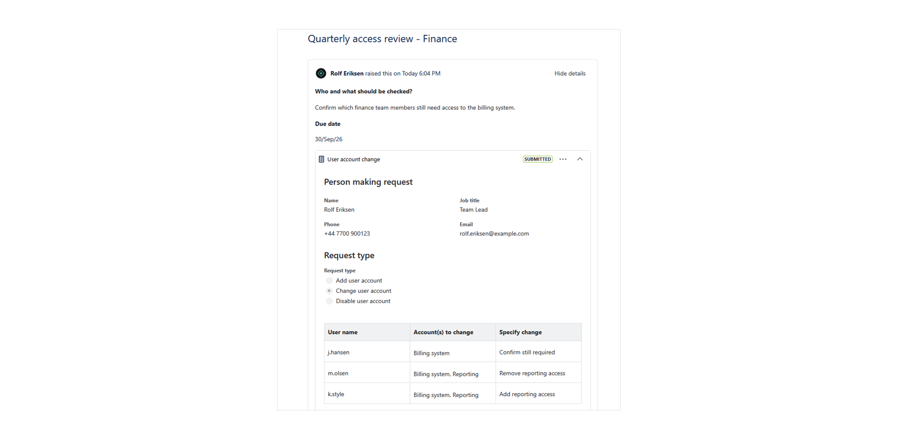 A customer viewing their own recurring requests: an active schedule, the date of the next one, and the key of the request it has already raised