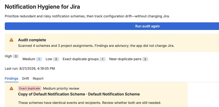 Audit overview showing an exact-duplicate notification-scheme finding and deterministic priority totals.