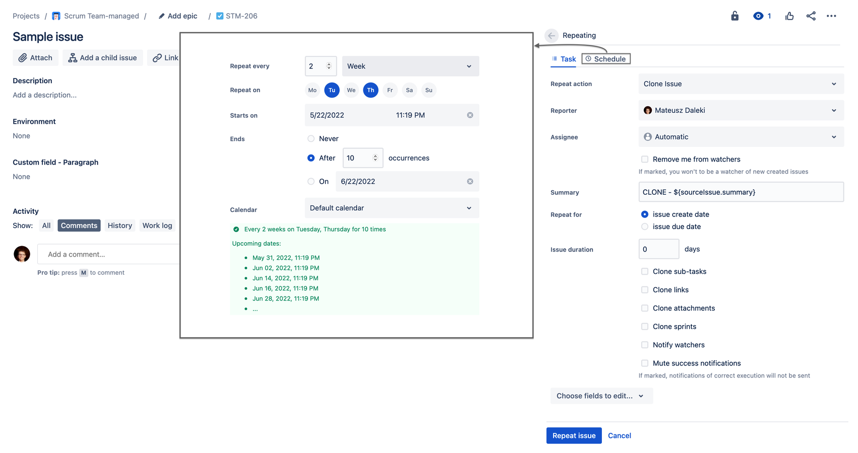 Clone issue, create subtask, workflow automation