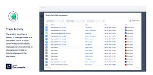 The activity log offers a history of changes made to a document. Use it to track when versions were saved, statuses were transitioned, or changes were made to individual pages of the document.