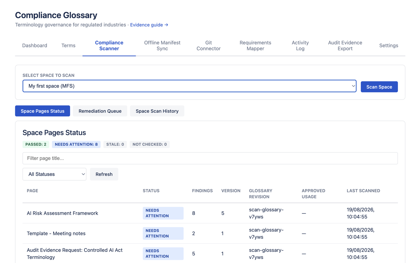 Scanner findings show the page, matched wording, approved term, issue type, and resolution actions for terminology drift.
