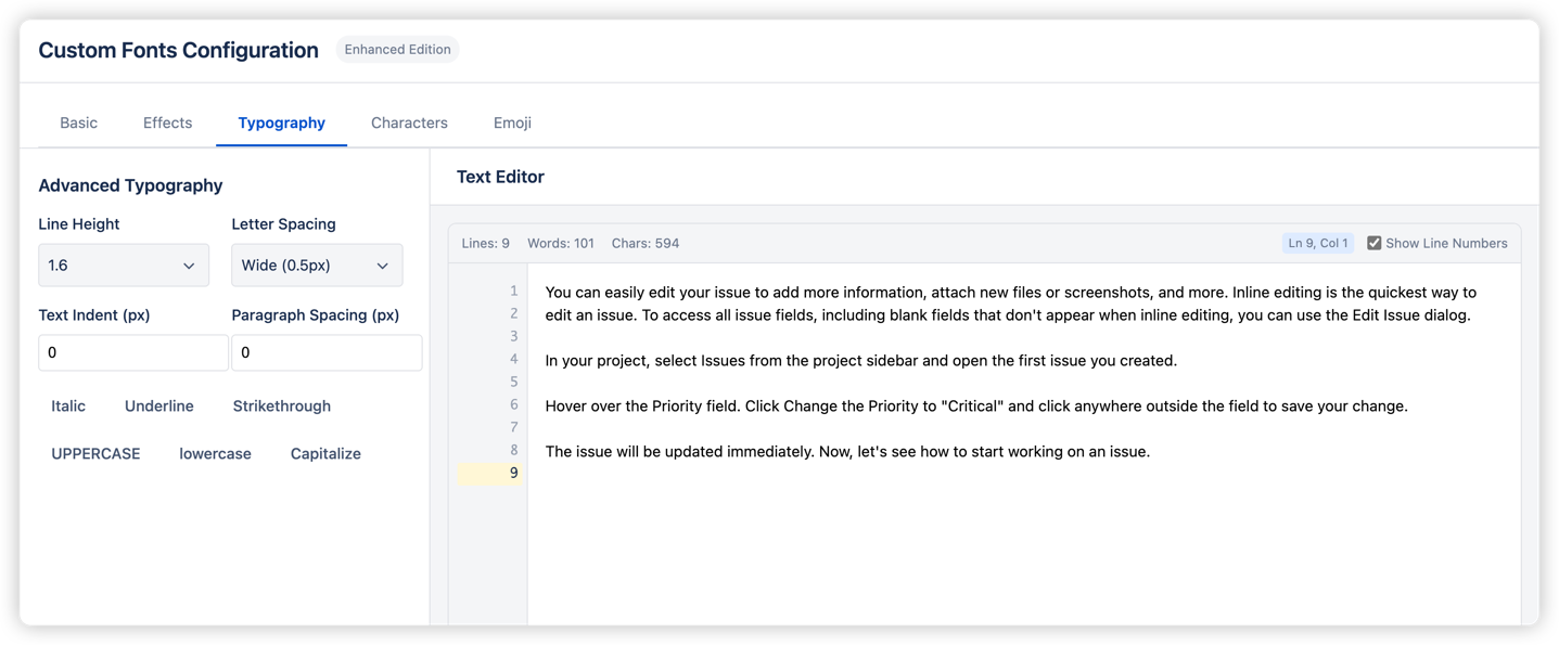 Typography settings showing spacing controls, text decoration options, and case transformations for precise formatting.
