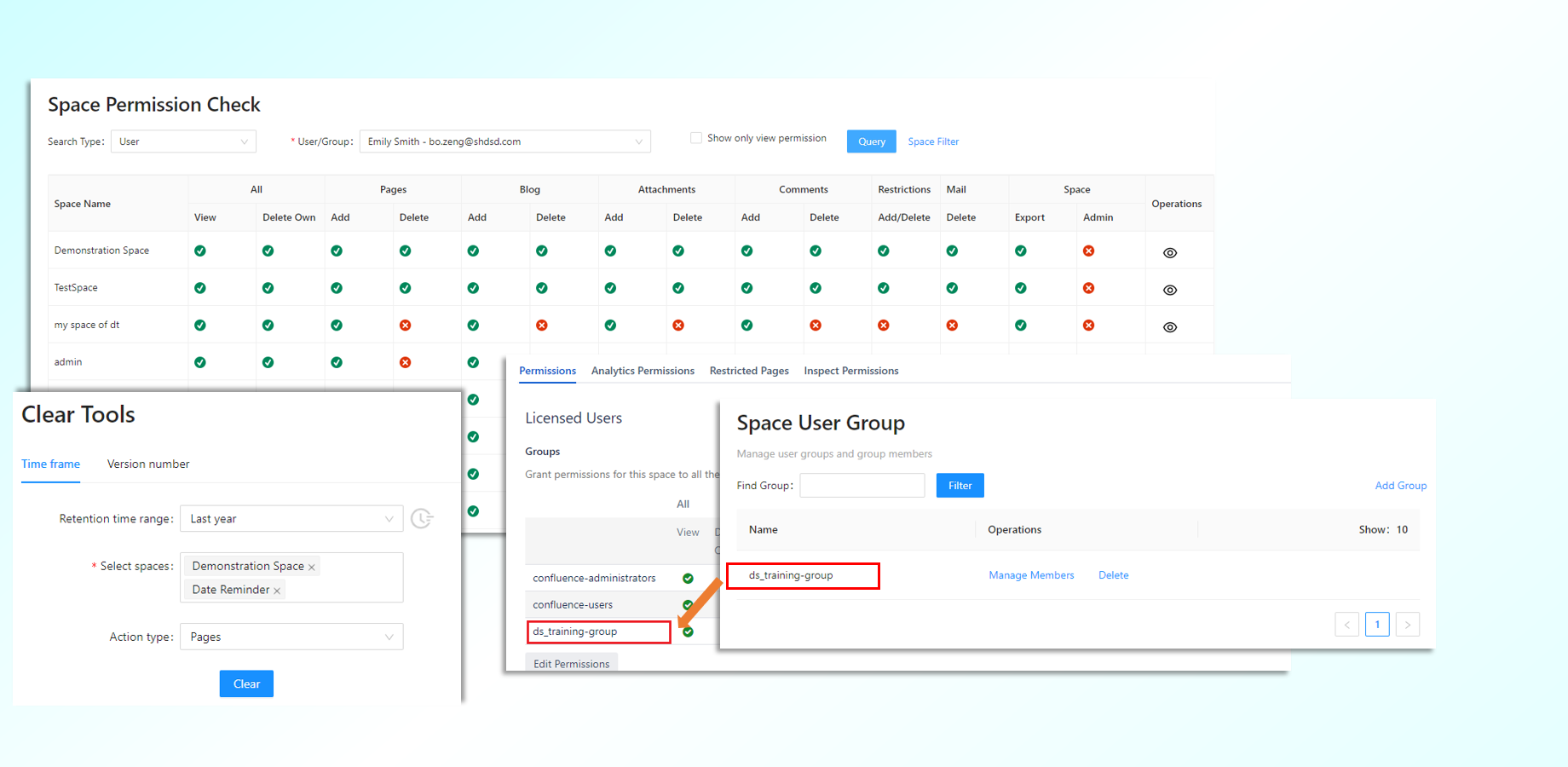 - Internal user group for space
 - Clear historical versions of pages, attachments and blogs
 - Unified space permission management