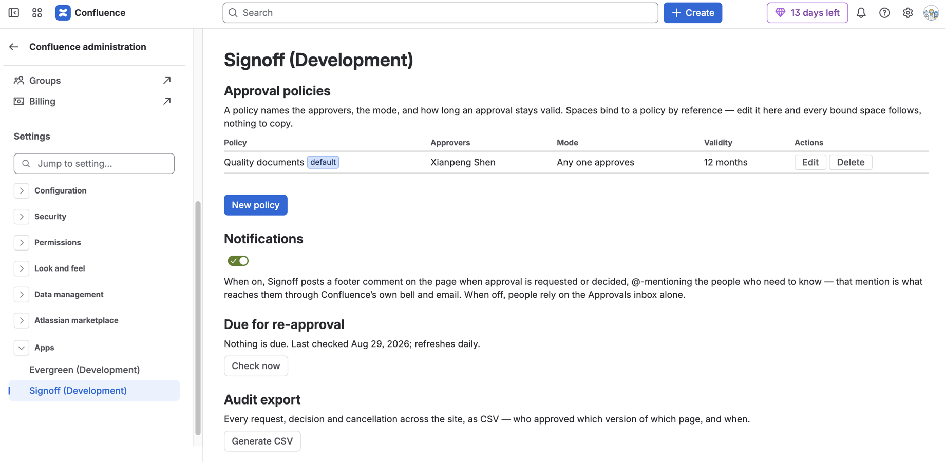 Define a policy once; every space binds by reference. Export the audit trail as CSV.