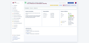 Control detail page: RACI owners, review & fulfilment with traffic-light status, SoA applicability and linked issues (sample data).