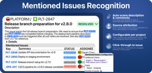 Automatically detect issue keys mentioned in descriptions and comments. Show the source of each mention, filter with JQL, and click through directly to the referenced issue.
