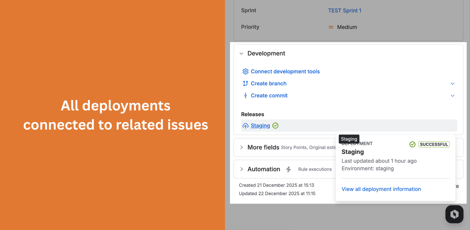 Deployment information displayed in the Jira issue panel, showing environment, status, and timestamp.